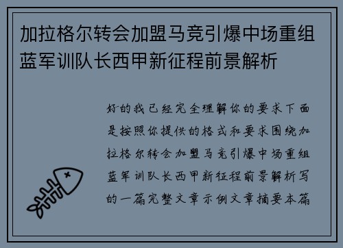 加拉格尔转会加盟马竞引爆中场重组蓝军训队长西甲新征程前景解析